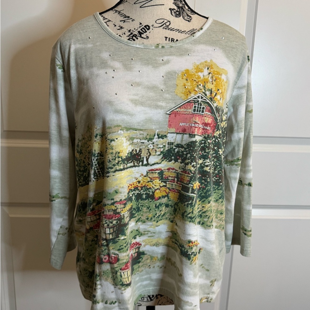 Basic Editions Women's Large‎ Fall Autumn Scene Woman 3/4 Sleeve Embellished Top